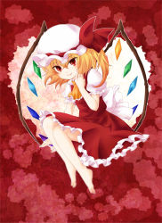 Rule 34 | 1girl, ascot, bad id, bad pixiv id, barefoot, blonde hair, fang, female focus, flandre scarlet, floral background, flower, hat, hat ribbon, hatori kumi, red background, red eyes, red theme, ribbon, rose, short hair, side ponytail, skirt, skirt set, smile, solo, touhou, wings