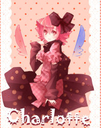 Rule 34 | 10s, bow, charlotte (madoka magica), cuivre, detached sleeves, drill hair, hair bow, magical girl, mahou shoujo madoka magica, mahou shoujo madoka magica (anime), no nose, personification, pink eyes, pink hair, polka dot, polka dot background, scarf, smile, solo, wings