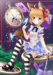 Rule 34 | 1girl, absurdres, alice in wonderland, animal ears, apron, blonde hair, blue eyes, braid, bug, butterfly, card, cheshire cat (alice in wonderland), dog ears, dress, elin, highres, hyouta (nekogamirin c), hyouta (yoneya), insect, mary janes, playing card, pocket watch, ribbon, shoe dangle, shoes, short hair, sitting, smile, solo, striped clothes, striped thighhighs, tail, tera online, thighhighs, twin braids, wand, watch