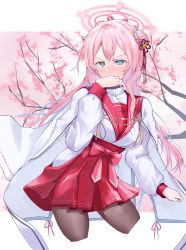 Rule 34 | 1girl, absurdres, black pantyhose, blue archive, blue eyes, blush, bow, braid, braided bun, cape, cherry blossoms, embarrassed, furrowed brow, hair bun, hair ribbon, halo, hand to own mouth, highres, japanese clothes, letterboxed, long hair, long sleeves, looking at viewer, mimori (blue archive), moruhinesan, outside border, pantyhose, pink hair, pink ribbon, pleated skirt, red bow, red ribbon, red sailor collar, red skirt, ribbon, sailor collar, school uniform, serafuku, shirt, single hair bun, skirt, solo, tree, upper body, waist bow, white shirt