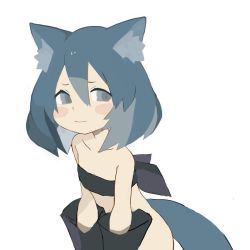 Rule 34 | 1girl, animal ear fluff, animal ears, bandeau, bare shoulders, black bandeau, black gloves, blue hair, blush stickers, bottomless, cat ears, closed mouth, collarbone, commentary request, elbow gloves, gloves, grey eyes, hair between eyes, long hair, looking at viewer, original, pappii (paprika shikiso), paprika shikiso, simple background, solo, tail, white background
