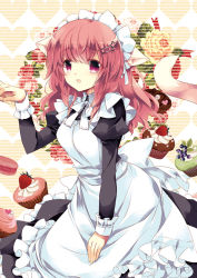 Rule 34 | 1girl, :d, animal ears, blueberry, brown eyes, brown hair, cat ears, cat tail, cupcake, flower, food, fruit, hair ornament, hairpin, heart, leaning forward, long hair, looking at viewer, macaron, maid, maid headdress, mizuki (hmndk), open mouth, original, rose, smile, solo focus, star (symbol), star hair ornament, strawberry, tail