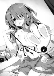 Rule 34 | 10s, 1girl, unworn bikini top, black eyes, blush, breasts, cleavage, collarbone, date a live, greyscale, hair between eyes, highres, holding, long hair, monochrome, navel, novel illustration, official art, open mouth, sitting, small breasts, solo, tears, topless, tsunako, yoshino (date a live), yoshinon