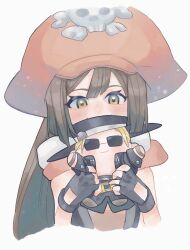 Rule 34 | 1girl, black gloves, brown hair, cabbie hat, fingerless gloves, gloves, guilty gear, guilty gear xrd, hat, hat ornament, highres, johnny (guilty gear), ky4274, long hair, looking at viewer, may (guilty gear), orange hat, pirate hat, skull and crossbones, skull hat ornament, upper body, yellow eyes