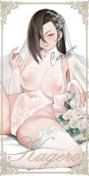 Rule 34 | 1girl, border, bouquet, breasts, bridal gauntlets, brown eyes, brown hair, character name, closed mouth, commentary, commission, covered erect nipples, covered navel, dress, english commentary, eyelashes, fire emblem, fire emblem fates, flower, hair over one eye, highres, kagero (fire emblem), large breasts, long bangs, long hair, mixed-language commentary, nintendo, nipples, ornate border, outside border, shizuko hideyoshi, smile, solo, thighs, veil, watermark, wedding dress, white flower