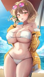 Rule 34 | 1girl, absurdres, ahoge, angel setsuna, anis (nikke), anis (sparkling summer) (nikke), beach, beach umbrella, bikini, blue sky, blush, breasts, brown hair, cameltoe, can, cleavage, cloud, collarbone, commentary request, covered erect nipples, drink can, eyepatch bikini, eyewear on head, goddess of victory: nikke, hair between eyes, highres, holding, holding can, jacket, jacket partially removed, jewelry, large breasts, long sleeves, looking at viewer, navel, necklace, ocean, open clothes, open jacket, open mouth, outdoors, pink-tinted eyewear, short hair, side-tie bikini bottom, sky, smile, soda can, solo, standing, string bikini, sunglasses, sweat, swimsuit, teeth, thighs, tinted eyewear, umbrella, upper teeth only, white bikini, yellow eyes, yellow jacket