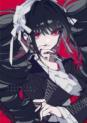Rule 34 | 1girl, absurdres, black hair, black jacket, black nails, celestia ludenberg, character name, commentary request, danganronpa: trigger happy havoc, danganronpa (series), drill hair, earrings, eyes visible through hair, fingernails, frilled sleeves, frills, gothic lolita, hand on own chin, headdress, highres, jacket, jewelry, lolita fashion, long hair, long sleeves, looking at viewer, mochizuki kei, nail polish, necktie, open clothes, open jacket, red background, red eyes, red necktie, shirt, sidelocks, simple background, smile, solo, twin drills, twintails, upper body, very long hair, white shirt, wide sleeves