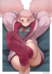 Rule 34 | 1girl, absurdres, afro puffs, aomoro, arms behind head, asticassia school uniform, blush, chuatury panlunch, feet, foot focus, foot out of frame, gundam, gundam suisei no majo, highres, looking at viewer, no shoes, pink hair, pink socks, presenting foot, red eyes, school uniform, sitting, socks, soles, solo, toes