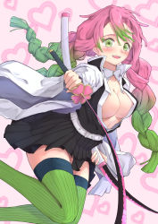 Rule 34 | 1girl, absurdres, b7669726, belt, black skirt, blush, braid, breasts, cleavage, commentary request, feet out of frame, gradient hair, green eyes, green hair, green thighhighs, hair between eyes, haori, highres, holding, holding sword, holding weapon, japanese clothes, kanroji mitsuri, katana, kimetsu no yaiba, large breasts, long hair, long sleeves, looking at viewer, mole, mole under eye, multicolored hair, no bra, open clothes, pink hair, pleated skirt, skirt, smile, solo, striped clothes, striped thighhighs, sword, teeth, thighhighs, tri braids, unbuttoned, unbuttoned shirt, uniform, upper teeth only, weapon, white belt