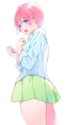 Rule 34 | 1girl, absurdres, blue eyes, blue shirt, collared shirt, go-toubun no hanayome, green skirt, highres, long sleeves, looking at viewer, miniskirt, nakano ichika, open mouth, pink hair, pleated skirt, shirt, short hair, simple background, skirt, solo, standing, valentine (02140314c), white background