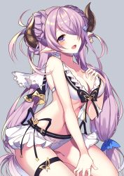 Rule 34 | 1girl, bare shoulders, bikini, black bow, blush, bow, breasts, cleavage, commentary request, double bun, draph, frilled bikini, frills, granblue fantasy, hair ornament, hair over one eye, hairclip, hand on own chest, highres, hip focus, homaderi, horns, kneeling, large breasts, light purple hair, long hair, narmaya (granblue fantasy), narmaya (summer) (granblue fantasy), open mouth, pointy ears, purple eyes, simple background, smile, solo, swimsuit, thigh strap, thighs, very long hair, white bikini