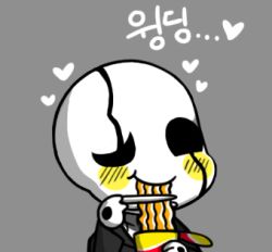 Rule 34 | 1boy, bad id, bad pixiv id, blush, chibi, chopsticks, colored skin, cup ramen, eating, grey background, gyate gyate, heart, korean text, lowres, male focus, portrait, ribbed sweater, simple background, solo, sweater, translation request, turtleneck, undertale, uneven eyes, upper body, w.d. gaster, white skin, yaruky