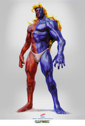 Rule 34 | 1boy, abs, barefoot, blonde hair, blue skin, capcom, clenched hand, colored skin, dope pope, feet, forehead jewel, full body, gill (street fighter), highres, loincloth, long hair, looking at viewer, male focus, muscular, outstretched arm, red skin, simple background, solo, standing, street fighter, street fighter iii (series), toes, topless male, wavy hair, white background, yellow eyes