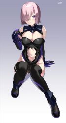Rule 34 | 1girl, breasts, cleavage, clothing cutout, elbow gloves, fate/grand order, fate (series), gloves, gradient background, highleg, highleg leotard, highres, knees together feet apart, kurozawa yui, leotard, looking at viewer, mash kyrielight, navel, navel cutout, purple eyes, purple hair, signature, sitting, smile, solo, thighhighs, vambraces