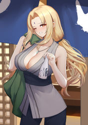 Rule 34 | 1girl, ;d, bare shoulders, black pants, blonde hair, blush, breasts, bright pupils, brown eyes, cleavage, collarbone, cowboy shot, facial mark, forehead, forehead mark, glint, grey kimono, highres, holding, japanese clothes, jewelry, kimono, large breasts, liu lan, long hair, looking at viewer, low twintails, naruto, naruto (series), necklace, obi, one eye closed, open mouth, pants, parted lips, sash, sleeveless, sleeveless kimono, smile, solo, towel on one shoulder, tsunade (naruto), twintails, underbust, very long hair