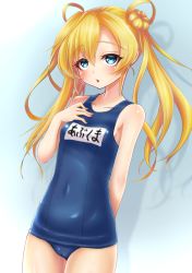 Rule 34 | 1girl, absurdres, abukuma (kancolle), blonde hair, blue background, blue eyes, blue one-piece swimsuit, cowboy shot, double bun, flat chest, hair between eyes, hair bun, hair rings, hand on own chest, highres, kantai collection, long hair, looking at viewer, makura (y makura), name tag, one-piece swimsuit, school swimsuit, shadow, solo, swimsuit