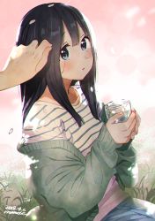 Rule 34 | 1girl, aqua cardigan, artist name, black hair, blue eyes, blush, cardigan, cherry blossoms, cup, dated, holding, holding cup, kitashirakawa tamako, light blush, long hair, long sleeves, looking at viewer, momose (oqo), off shoulder, outdoors, parted lips, pov, pov hands, shirt, sitting, solo focus, striped clothes, striped shirt, tamako market