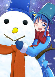 Rule 34 | 1girl, ;d, blue coat, blue eyes, blue hair, blue mittens, bucket hat, coat, commentary, cut bangs, fur-trimmed coat, fur trim, hat, hirogaru sky! precure, long sleeves, looking at viewer, medium hair, mittens, mitumi mira, night, one eye closed, open mouth, outdoors, precure, red scarf, scarf, side ponytail, single sidelock, smile, snowing, snowman, solo, sora harewataru, standing