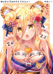 Rule 34 | 1girl, 2022, :o, alternate costume, animal ears, between breasts, blonde hair, blue ribbon, blush, bodypaint, breasts squeezed together, breasts, chinese zodiac, claw pose, cleavage, commentary request, date a live, double bun, fang, floral print, flower, food, fruit, hair between eyes, hair bun, hair flower, hair ornament, hair ribbon, hands up, happy new year, head tilt, highres, hoshimiya mukuro, japanese clothes, kimono, large breasts, long hair, looking at viewer, mandarin orange, nengajou, new year, off shoulder, pink kimono, ribbon, solo, tiger ears, tsubasaki, upper body, very long hair, year of the tiger, yellow eyes, yukata