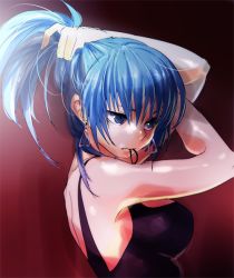 Rule 34 | 1girl, arms behind head, arms up, black tank top, blue eyes, blue hair, breasts, earrings, hair tie in mouth, holding, holding own hair, jewelry, leona heidern, mouth hold, ponytail, rarirari, solo, tank top, the king of fighters, tying hair