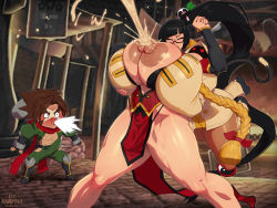 Rule 34 | 1boy, 2girls, arc system works, bespectacled, black bra, black hair, blazblue, blazblue: alter memory, bra, grabbing another&#039;s breast, breasts, breasts out, center opening, cleavage, english text, erection, glasses, grabbing, groping, huge breasts, lactation, litchi faye ling, multiple girls, ninja, projectile lactation, rampage (leedash2), semi-rimless eyewear, shishigami bang, speech bubble, taokaka, underwear