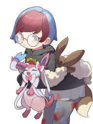 Rule 34 | 1girl, backpack, bag, blue hair, blush, brown bag, closed mouth, commentary request, creatures (company), game freak, gen 6 pokemon, glasses, grey eyes, grey pantyhose, highres, holding, holding pokemon, hood, hoodie, leaning forward, long sleeves, multicolored hair, nintendo, pantyhose, penny (pokemon), poke ball print, pokemon, pokemon (creature), pokemon sv, print pantyhose, red hair, round eyewear, sakurami sumi, see-through, see-through skirt, simple background, skirt, sleeves past wrists, sylveon, two-tone hair, white background