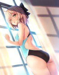Rule 34 | 1girl, against window, ahoge, alternate costume, ass, bare arms, bare shoulders, blurry, blush, breasts, commentary request, competition swimsuit, contemporary, cowboy shot, curtains, depth of field, fate/grand order, fate (series), from behind, from below, highres, indoors, looking at viewer, mayusaki yuu, multicolored clothes, multicolored swimsuit, okita souji (fate), okita souji (koha-ace), one-piece swimsuit, parted lips, pink lips, skindentation, small breasts, solo, standing, swimsuit, thighs, window, yellow eyes