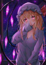 Rule 34 | 1girl, absurdres, blonde hair, breasts, cleavage, covering own mouth, cowboy shot, ekidona, flandre scarlet, glowing, glowing eyes, hat, hat ribbon, head tilt, heart, heart-shaped pupils, highres, indoors, long hair, long sleeves, looking at viewer, medium breasts, mob cap, night, night sky, red eyes, red ribbon, ribbon, shirt, sky, solo, star (sky), starry sky, symbol-shaped pupils, touhou, very long hair, white hat, white shirt, window, wings, yandere