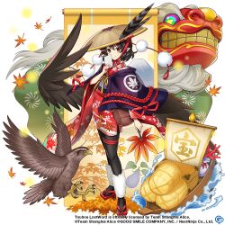 Rule 34 | 1girl, ajirogasa, alternate costume, bird, bird wings, black hair, black kimono, black pantyhose, black wings, brown hat, closed mouth, commentary, copyright name, copyright notice, dragon, english commentary, full body, furisode, game cg, geta, hand fan, hat, hauchiwa, holding, holding fan, japanese clothes, kimono, leaf, long sleeves, looking at viewer, maple leaf, new year, pantyhose, pointy ears, red eyes, red footwear, rotte (1109), shameimaru aya, shameimaru aya (business-is-booming newspaper reporter), short hair, smile, solo, tengu-geta, third-party source, touhou, touhou lostword, wide sleeves, wings