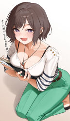 1girl absurdres belt blue_eyes blush breasts brown_belt brown_hair cleavage collarbone commentary_request gakuen_idolmaster green_pants hair_intakes hear_(kpmf4732) highres holding idolmaster jewelry large_breasts looking_at_viewer necklace neo_asari open_mouth pants seiza shirt short_hair simple_background sitting smile solo spaghetti_strap three-quarter_sleeves translation_request white_shirt