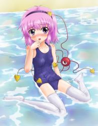 Rule 34 | 1girl, bad id, bad pixiv id, beach, breasts, covered navel, eyeball, hairband, hamaken, heart, highres, komeiji satori, one-piece swimsuit, open mouth, outdoors, pink eyes, pink hair, sand, school swimsuit, short hair, sitting, skindentation, small breasts, solo, swimsuit, thighhighs, third eye, touhou, water, wet, wet clothes, white thighhighs