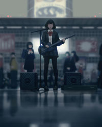 Rule 34 | 5girls, absurdres, black footwear, black jacket, blazer, blurry, blurry background, bow, bowtie, building, cable, closed eyes, collared shirt, day, depth of field, electric guitar, facing viewer, green skirt, greyscale, guitar, guitar case, guweiz, highres, holding, holding instrument, indoors, instrument, instrument case, jacket, legs apart, loafers, long sleeves, miniskirt, monochrome, multiple girls, music, open clothes, open jacket, open mouth, original, pantyhose, plaid, plaid skirt, playing instrument, pleated skirt, red bow, red neckwear, reflection, reflective floor, shirt, shoes, short hair, singing, skirt, solo focus, speaker, standing, wide shot, wing collar