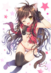 Rule 34 | 1girl, ;d, animal ears, black gloves, black thighhighs, bow, breasts, brown hair, cat ears, cat tail, cleavage, footwear bow, fur trim, gloves, gradient hair, grey hair, jewelry, long hair, mauve, medium breasts, multicolored hair, navel, necklace, one eye closed, open mouth, original, panties, pom pom (clothes), red footwear, red scarf, ribbon, scarf, shiny skin, shoes, smile, solo, star (symbol), star necklace, starry background, striped clothes, striped panties, tail, tail ornament, tail ribbon, thighhighs, topless, underwear, very long hair, w, white background, yellow eyes