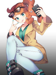 Rule 34 | 1girl, between breasts, breasts, brown coat, cellphone, coat, creatures (company), crossed legs, eyelashes, eyewear on head, game freak, green eyes, green nails, hair ornament, heart, heart hair ornament, highres, holding, holding phone, long hair, long sleeves, looking at viewer, nail polish, nintendo, nishiyama (nicf), orange hair, pants, phone, pokemon, pokemon swsh, ribbed sweater, side ponytail, smile, solo, sonia (pokemon), strap between breasts, sunglasses, sweater, tongue, tongue out, v