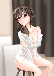 1girl alice_gear_aegis arm_under_breasts black-framed_eyewear black_scrunchie breasts brown_hair garyu_emi glasses hair_ornament hair_scrunchie highres long_sleeves naked_shirt scrunchie shirt shoki-gata18