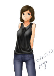 Rule 34 | 1girl, absurdres, arms behind back, bare arms, bare shoulders, blue pants, brown eyes, brown hair, closed mouth, collarbone, collared shirt, commentary request, dated, denim, grey shirt, highres, jeans, looking to the side, miyo340, original, pants, shirt, signature, sleeveless, sleeveless shirt, solo, white background