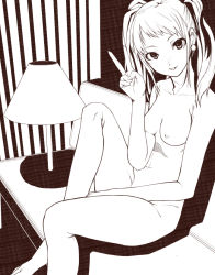 Rule 34 | :p, atlus, barefoot, earrings, greyscale, jewelry, kujikawa rise, long hair, monochrome, nipples, nude, persona, persona 4, sitting, solo, tongue, tongue out, twintails, v, yada ei