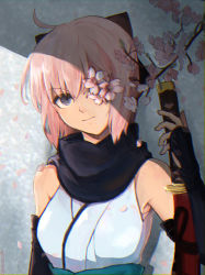 Rule 34 | 1girl, absurdres, armpits, bare shoulders, black bow, black scarf, bow, breasts, cherry blossoms, fate/grand order, fate (series), flower, flower over eye, grey background, hair between eyes, hair bow, highres, japanese clothes, katana, kimono, looking at viewer, medium breasts, nemui (einschlafen), obi, okita souji (fate), okita souji (koha-ace), pink hair, sash, scarf, sleeveless, sleeveless kimono, solo, sword, upper body, weapon