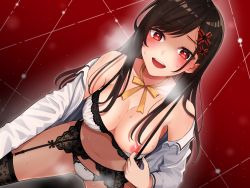 Rule 34 | 1girl, :d, absurdres, artist request, assertive female, black hair, black thighhighs, bra, bra pull, breasts, breath, cleavage, clothes pull, cowboy shot, dutch angle, garter belt, gluteal fold, hair ornament, hairclip, heart, heart-shaped pupils, heavy breathing, highres, long hair, medium breasts, nipples, non-web source, open mouth, original, panties, pulling own clothes, red background, red eyes, smile, solo, sweat, symbol-shaped pupils, teeth, thighhighs, underwear, upper teeth only, white bra, white panties