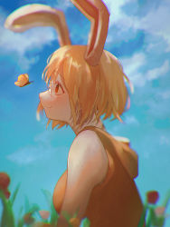 Rule 34 | 1girl, absurdres, animal ears, blonde hair, blue sky, blurry, blurry background, blurry foreground, breasts, bug, butterfly, carrot (one piece), cloud, cloudy sky, dress, flower, from side, highres, insect, large breasts, machida 0906, one piece, rabbit ears, rabbit girl, red eyes, short hair, sky, sleeveless, smile, solo, upper body