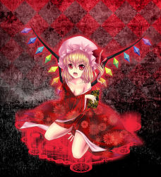 Rule 34 | 1girl, bad id, bad pixiv id, bare shoulders, blonde hair, breasts, cleavage, female focus, flandre scarlet, japanese clothes, kimono, magic circle, mizutsuki rei, off shoulder, open mouth, red eyes, sitting, slit pupils, small breasts, solo, embodiment of scarlet devil, touhou, wariza, wings