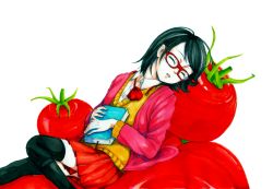 Rule 34 | 1girl, black thighhighs, book, closed eyes, glasses, naruto, naruto (series), pleated skirt, red skirt, simple background, skirt, sleeping, solo, sweater, thighhighs, tomato, uchiha sarada, white background