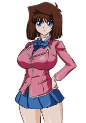 Rule 34 | 1girl, absurdres, alternate breast size, blazer, blue eyes, blue skirt, breasts, brown hair, closed mouth, cowboy shot, domino high school uniform, highres, huge breasts, jacket, looking at viewer, mazaki anzu, miniskirt, pink shirt, school uniform, shiny clothes, shiny skin, shirt, short hair, simple background, skirt, smile, solo, standing, transparent background, white background, yu-gi-oh!, yu-gi-oh! duel monsters, zahkey