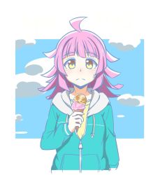 Rule 34 | 1girl, aqua jacket, artist name, artist request, blue sky, blunt bangs, blush, breasts, brown eyes, cloud, collared jacket, day, drawstring, female focus, highres, holding, holding ice cream cone, ice cream cone, jacket, long sleeves, looking at viewer, love live!, love live! nijigasaki high school idol club, love live! school idol festival, outdoors, parted lips, pink hair, shirt, short hair, sky, small breasts, smile, solo, tennoji rina, upper body, white background, yellow eyes, yellow shirt, zipper, zipper pull tab