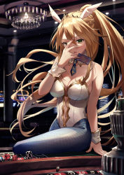 Rule 34 | 1girl, 200f (nifu), absurdres, ahoge, animal ears, artoria pendragon (all), artoria pendragon (fate), artoria pendragon (swimsuit ruler) (fate), bare shoulders, blonde hair, blue neckwear, blue pantyhose, blush, braid, breasts, card, casino, chandelier, cleavage, clothing cutout, covering face, detached collar, fake animal ears, fate/grand order, fate (series), fishnet pantyhose, fishnets, french braid, green eyes, hair between eyes, highleg, highleg leotard, highres, large breasts, leotard, long hair, looking at viewer, navel, navel cutout, necktie, open mouth, pantyhose, playboy bunny, playing card, poker chip, poker table, ponytail, rabbit ears, roulette, sidelocks, table, thighs, tiara, white leotard, wrist cuffs