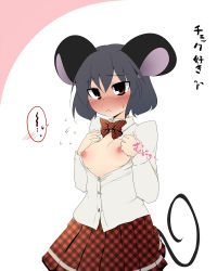 Rule 34 | 1girl, aki (akikaze asparagus), animal ears, autumn (artist), blush, breasts, dress shirt, female focus, grey hair, mouse ears, mouse tail, nazrin, nipples, no bra, open clothes, open shirt, pleated skirt, red eyes, shirt, short hair, skirt, small breasts, solo, tail, touhou, unbuttoned