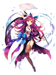 Rule 34 | 1girl, animal print, arm up, artist request, asymmetrical clothes, butterfly print, character request, floral print, full body, garter straps, green eyes, highres, holding, holding sword, holding weapon, jewelry, leg lift, long hair, looking at viewer, necklace, official art, pink hair, simple background, solo, sword, thighhighs, toeless legwear, toes, weapon, white background, youkai hyakki-tan!