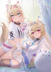 2girls :3 absurdres animal_ear_fluff animal_ears asa_heizo bandaid bandaid_hair_ornament belt black_collar blonde_hair blue_belt blue_eyes blue_hair blush breasts cleavage_cutout clothing_cutout collar cropped_shirt dog_ears dog_girl dog_tail dress frilled_shorts frills fuwawa_abyssgard fuwawa_abyssgard_(1st_costume) hair_ornament highres hololive hololive_english indoors large_breasts long_hair long_sleeves looking_at_viewer mococo_abyssgard mococo_abyssgard_(1st_costume) multicolored_hair multiple_girls perroccino_(fuwamoco) pink_belt pink_eyes pink_hair shirt short_dress short_hair shorts siblings single_fishnet_legwear single_thighhigh sisters smile stomach streaked_hair tail thighhighs two_side_up virtual_youtuber white_arm_warmers white_dress white_shirt white_shorts x_hair_ornament