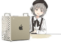 Rule 34 | 1girl, apple inc., beret, black hat, black ribbon, brown eyes, collared shirt, computer, computer tower, fangs, flower, gesture, grey hair, hair flower, hair ornament, hair ribbon, hat, hatoba tsugu, highres, leaning to the side, light blush, long sleeves, looking at viewer, mac pro, macintosh, mole, mole under eye, open mouth, ouka (yama), ribbon, shirt, short hair, simple background, single hair ring, sketch, skin fangs, smile, solo, suspenders, table, tsugu (vtuber), upper body, virtual youtuber, white background, white flower, white shirt