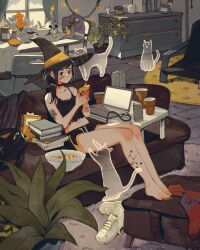 Rule 34 | 1girl, black hair, black hat, book, candle, ghost, hat, highres, loaded interior, multiple cats, original, pet, simz, tattoo, witch, witch hat
